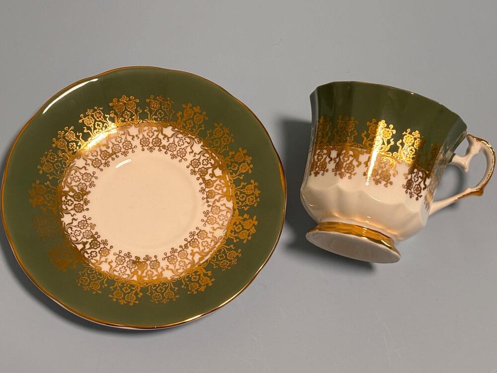 Vintage Elizabethan bone china footed cup saucer England gold moss green